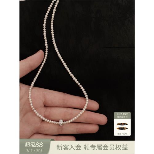 sanswood《月下許愿》3-3.5mm天然珍珠鎖骨鏈 輕奢轉運珠銀項鏈女