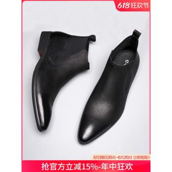 韓版尖頭男靴英倫加絨高幫皮鞋