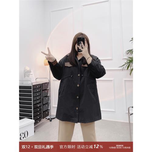 早秋新款女大碼胖mm西裝風衣外套中長款氣質英倫風大衣拼皮時尚款
