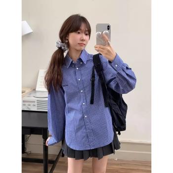 韓國chic秋季小眾復古翻領刺繡字母印花寬松百搭長袖藍格子襯衫女