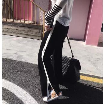 大碼側邊條紋闊腿褲女高腰九分胖mm開叉寬松學生白邊運動校服褲秋