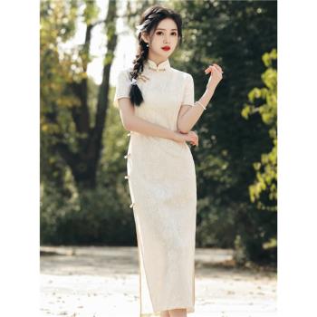 蘇錦2023春夏少女蕾絲長款旗袍民國風中式氣質優雅短袖顯瘦連衣裙