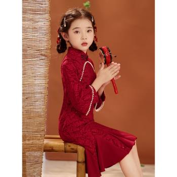女童旗袍2025新款春秋中國風女孩紅色中式花童禮服兒童連衣裙夏季