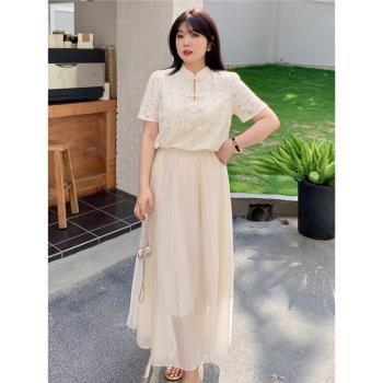 夏季新品大碼女裝200斤胖mm時尚套裝碎花甜美上衣半身裙兩件套