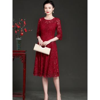 秋季高檔紅色蕾絲旗袍連衣裙嫁女兒小個子媽媽婚禮服喜婆婆婚宴裝