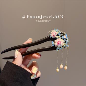 琺瑯彩牡丹花檀木宮廷風珍珠發簪