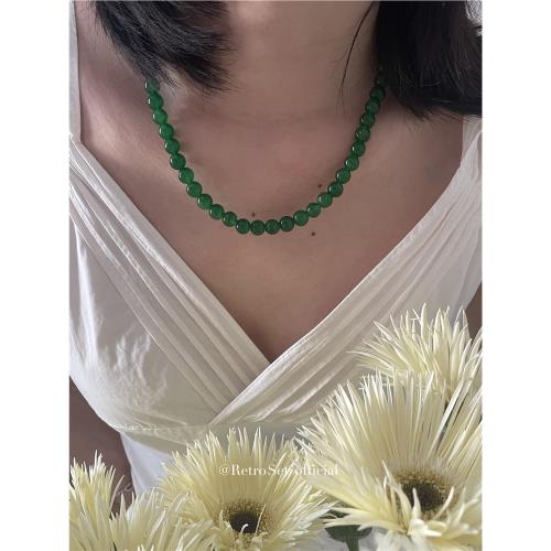 「春水綠」法式高級復古天然石項鏈925銀綠瑪瑙翡翠綠純銀鎖骨鏈