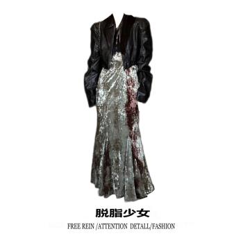 甜酷絲絨中長a字皮衣外套吊帶裙