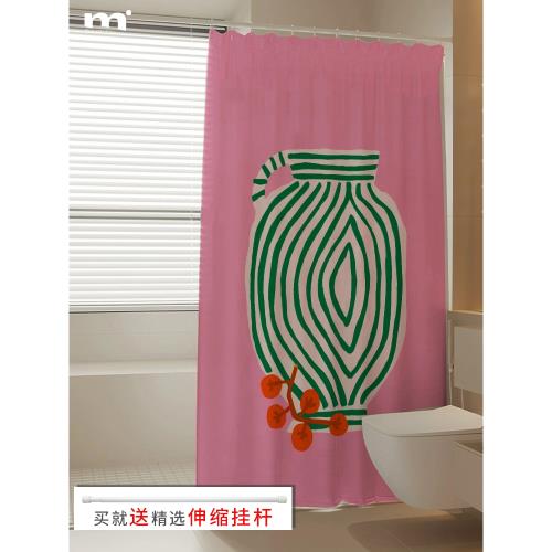 原創ins浴室衛生間粉色浴簾免打孔淋浴隔斷簾加厚防霉防水簾子