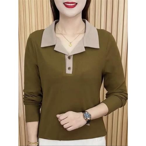 長袖t恤女士秋季新款媽媽裝洋氣翻領polo衫遮肉減齡拼色打底上衣