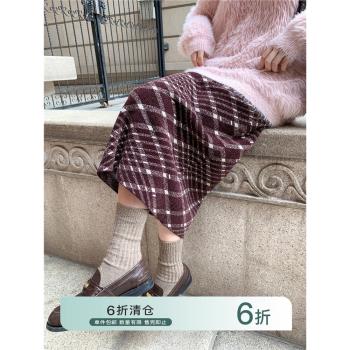你好卡農復古風格子中長款半身裙