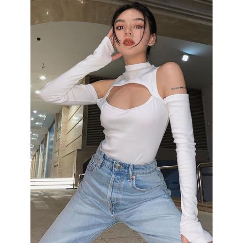 歐美春秋時尚潮流女新款長袖立領鏤空塑身內搭三角勒陰連體衣上衣