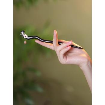 鳳凰涅磐珍珠發簪古風旗袍黑檀木