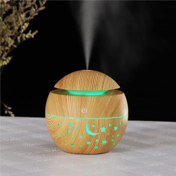 星空木紋鏤空星星月亮加濕器 創意七彩透光迷你便攜式130ML香薰機