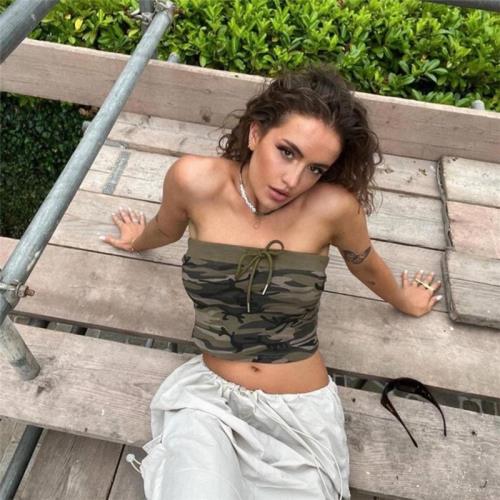 SylCue拽酷迷彩系列短款抹胸背心女露背修身性感小眾短款上衣百搭