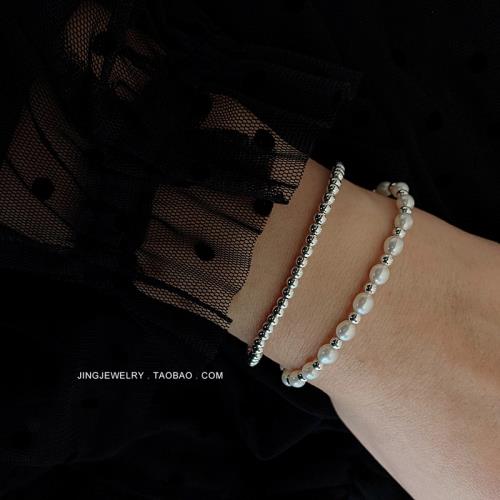 原創小眾設計S925純銀天然珍珠串珠雙層銀手鏈法式簡約復古手串