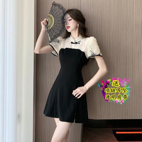 優雅時尚減齡氣質改良旗袍盤扣連衣裙兩件套設計感年輕少女小黑裙