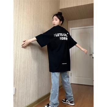 美式復古黑色字母短袖t恤女純棉寬松半袖設計感小眾港風chic上衣
