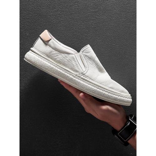 HautTon皓頓男鞋夏季真皮小白鞋男樂福鞋一腳蹬豆豆鞋軟底皮鞋男