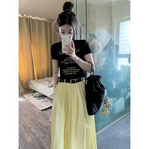 黃色高腰a字裙半身裙女夏季新款設計感傘裙小個子中長款大擺裙子