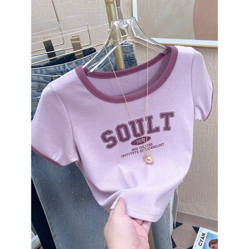 設計感拼色字母印花短袖t恤女2025夏季修身顯瘦甜辣別致短款上衣