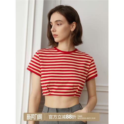 AEL原創設計感經典條紋短袖T恤女2026新款短款露臍上衣女修身針織