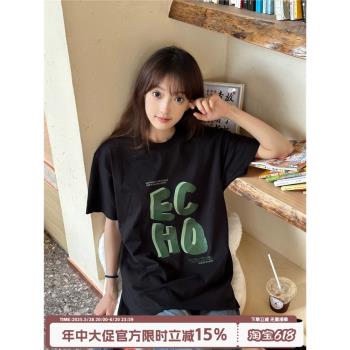Guozii 黑色正肩短袖t恤女美式復古設計感小眾字母印花純棉體恤夏