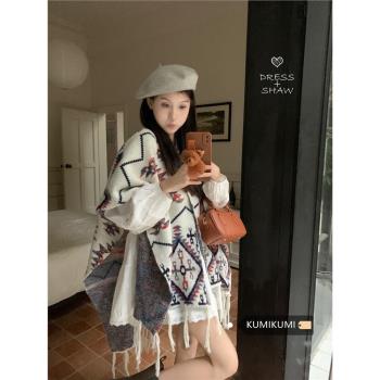 民族風提花斗篷外套女氣質外搭披肩早春新款小眾別致流蘇披風上衣