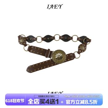 IAEY 小眾vintage太陽花金屬扣皮帶特色設計腰鏈嘻哈配飾復古腰帶