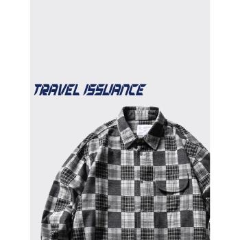 TRAVEL ISSUANCE 閑事悠悠 痞帥新款撞色翻領格子寬松bf長袖襯衫