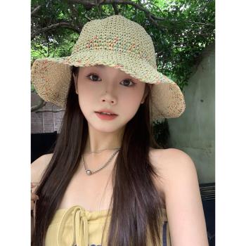 夏韓國ins彩虹編織女沙灘漁夫帽