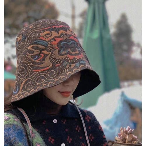 灰色民族風棉亞麻繡花軟邊帽盆帽刺繡寬邊遮陽帽仿古老繡花盆帽