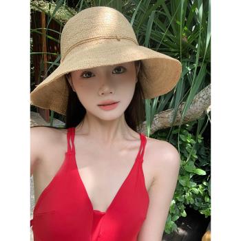 草帽日本夏季沙灘女時尚拉菲草