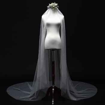 珍珠頭紗女2023新款新娘結婚長款蓬蓬星空韓式造型白色簡約3米春