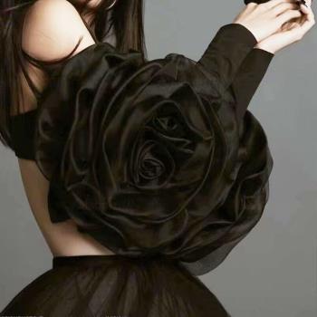 手工立體緞面花朵黑色禮服婚紗長款袖子拍照造型手袖婚紗手套