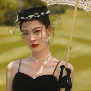 復古英式名媛黑色女禮服旗袍面紗