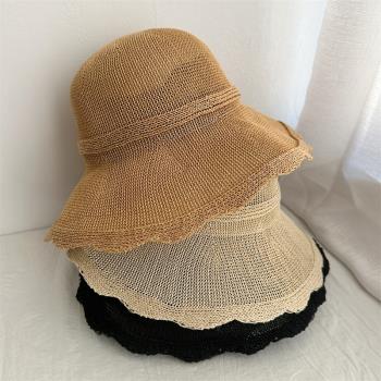 輕薄日系遮陽帽女夏季透氣草帽圓頂防曬盆帽文藝漁夫帽大簷太陽帽