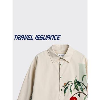TRAVEL ISSUANCE 開石榴花 日系復古翻領拼接印花寬松長袖襯衫bf