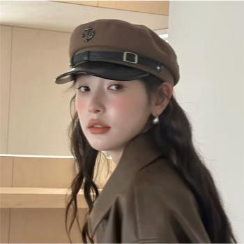 秋冬復古PU皮朋克海軍風水手帽子女顯臉小帥氣美式復古平頂畫家帽