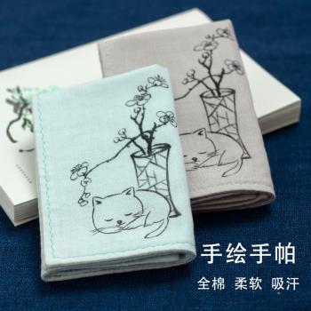 貓咪隨身復古風純棉老式禮物手帕