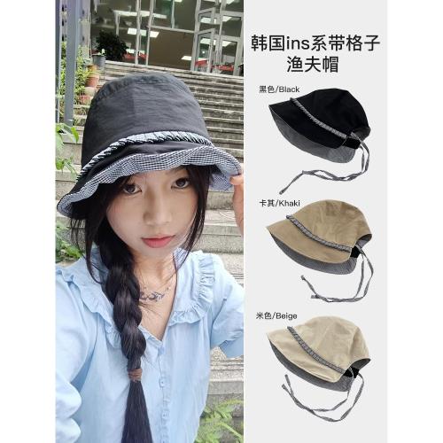 韓系格子花邊漁夫帽女夏季薄款戶外防曬帽系帶盆帽顯臉小遮陽帽子