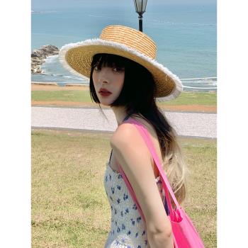夏ins平頂女復古海邊度假草帽