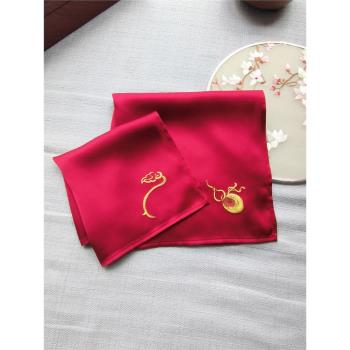 素帛無香SUBERSILK 桑蠶真絲大紅描金手繪中國風福祿財壽喜慶手帕