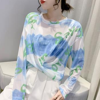 甜酷辣妹薄款防曬高階上衣女設計感小眾印花別致長袖扎染t恤ins夏