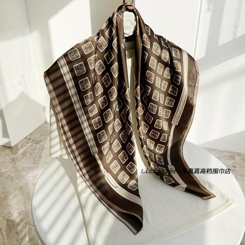 真絲絲巾女100%桑蠶絲春秋百搭咖色夏季薄款90x90大方巾圍巾披肩