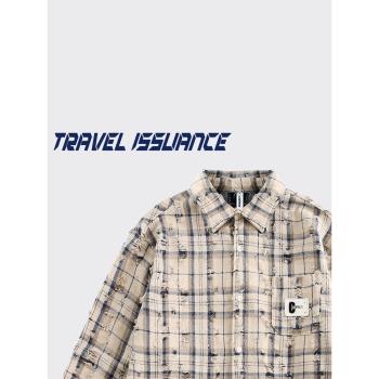 TRAVEL ISSUANCE 勾起回憶 日系復古拼接破洞寬松長袖襯衫男女bf