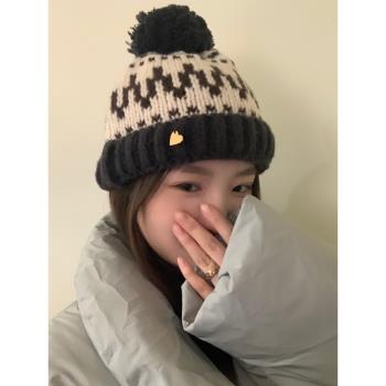 東大門韓系ins博主fever同款日常甜美毛線帽條紋毛球拼色針織帽子