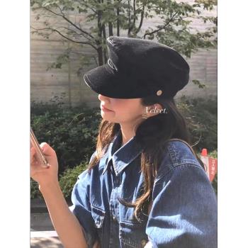 韓版ins博主fever同款黑色八奶絲絨百搭簡約版型好的鴨舌報童帽女