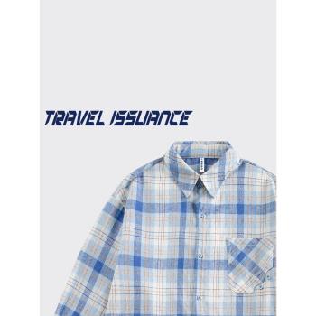 TRAVEL ISSUANCE 令人心動 美式格子翻領寬松情侶百搭長袖襯衫bf