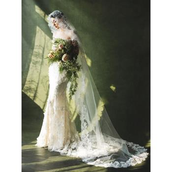 主紗婚紗照復古蕾絲拖尾頭紗影樓婚紗攝影高階感寫真跟妝造型頭飾